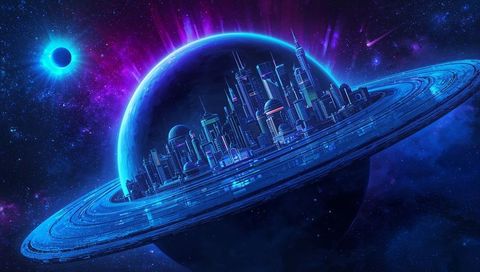 Futuristic city orbiting a glowing ringed planet in deep space