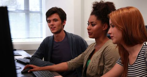 Diverse Colleagues Collaborating on Computer Project in Office - Download Free Stock Images Pikwizard.com