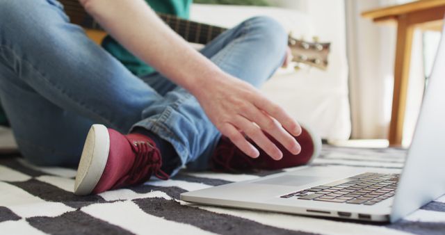 Teen Using Laptop for Online Music Lessons at Home - Download Free Stock Images Pikwizard.com