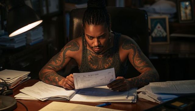 Tattooed man reviewing paperwork at wooden desk under desk lamp, late-night focus