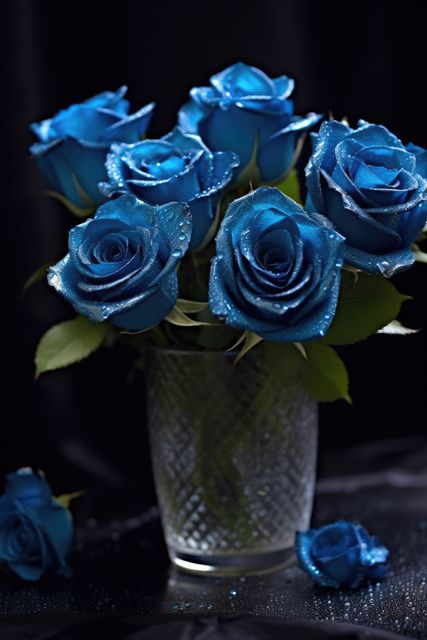 A bouquet of blue roses glistens in a vase, set against a dark backdrop. Sparkling dew adds a touch of elegance to these uniquely colored flowers.
