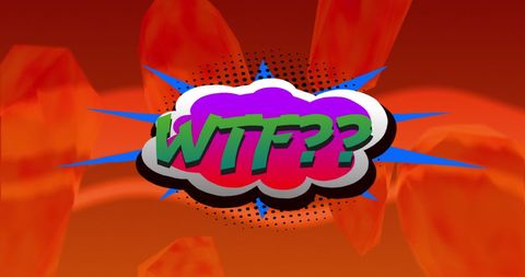 Retro wtf text with bold colors in cartoon speech bubble