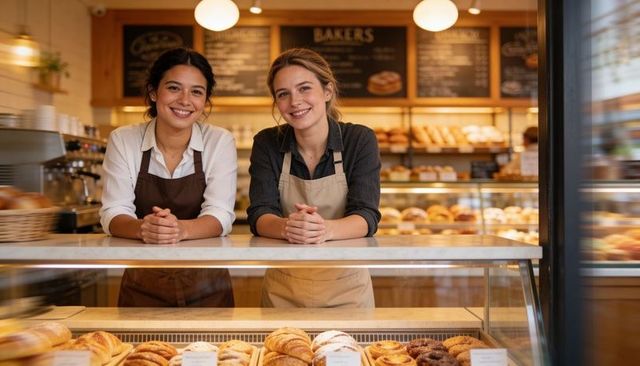 Smiling bakery team serving fresh pastries behind glass display in warm cozy artisanal cafe