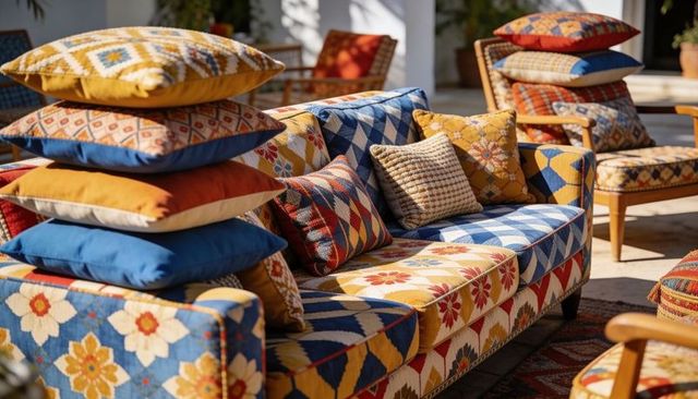 Displaying patterned outdoor sofa with stacked cushions in sunlit courtyard, vibrant prints