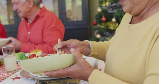 Biracial senior woman putting dish on plate, celebrating with friends at christmas time. christmas festivities, celebrating at home with friends.