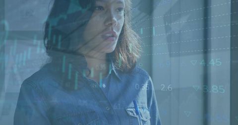 businesswoman contemplating with data overlay in office - Download Free Stock Images Pikwizard.com