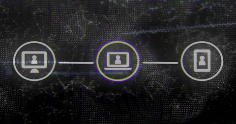 Neon glitch network showing central laptop connecting desktop and tablet in digital data matrix