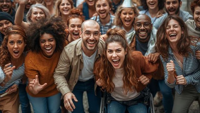 Diverse crowd cheering around woman in wheelchair celebrating unity and inclusion