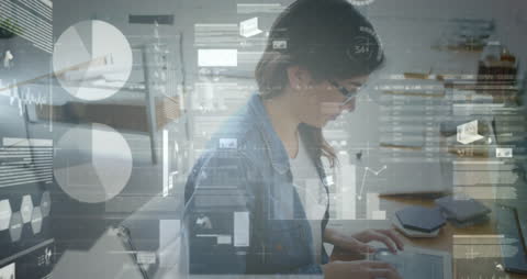 Businesswoman Analyzing Digital Reports with Holographic Data Interface