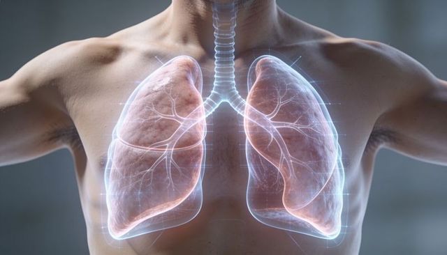 Holographic lungs overlay on male torso showing respiratory anatomy and airways