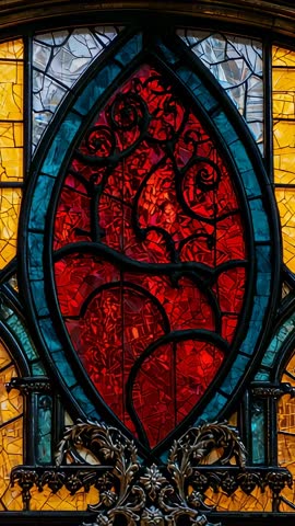 Camera zooming lancet stained glass window with illuminated red pane and ornate grille