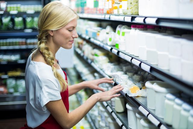 Female staff member organizing grocery products on a supermarket shelf. Ideal for use in articles about retail work, customer service, grocery stores, and the retail industry. Can be used in marketing materials for supermarkets, training manuals for retail employees, or blogs discussing the daily tasks of retail workers.