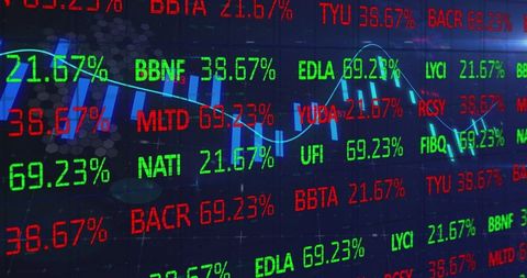 Futuristic stock market display with charts and percentages