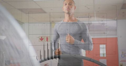 Focused Athlete Jogging with Fitness Analytics Overlay