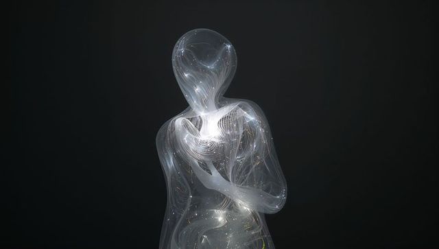 Ethereal humanoid cradling chest glowing filaments inner light futuristic spirit concept