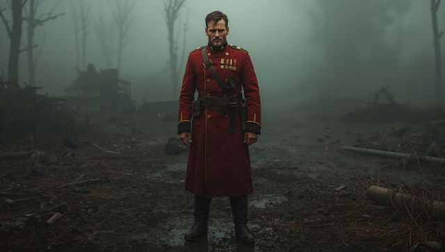 Determined Soldier Standing on War-torn Battlefield