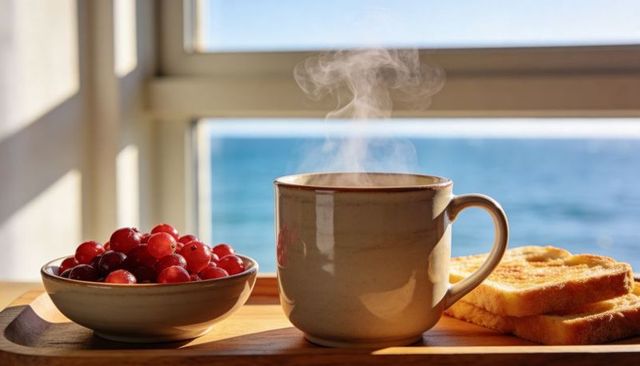 Steaming ceramic mug with cherries and toast by sunlit ocean window morning scene