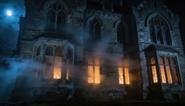 Moonlit Gothic Manor with Glowing Arched Windows and Mist for Haunted Atmosphere at Night