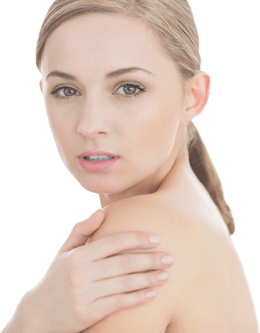 Transparent Portrait of Focused Woman Touching Her Shoulder
