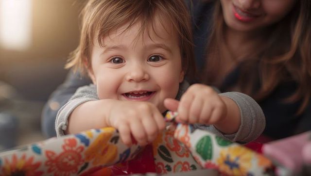 Smiling toddler reaching over colorful padded play yard rail, parent close behind