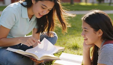 Campus study session with two students studying and pointing at open textbook on lawn