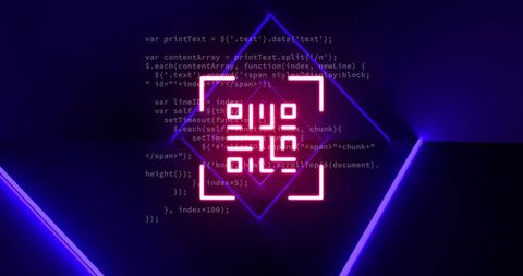 Neon QR Code with Digital Code Overlay and Blue Light Beams - Download Free Stock Images Pikwizard.com