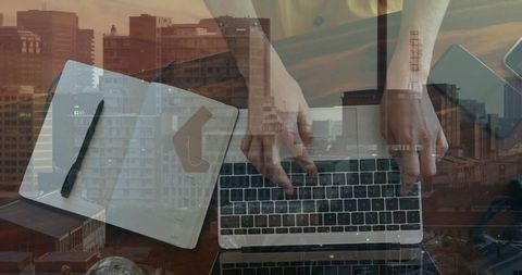 Hands Typing on Laptop with Overlayed Cityscape Background - Download Free Stock Images Pikwizard.com