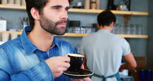 Young Man Drinking Coffee in Modern Cafe Setting - Download Free Stock Images Pikwizard.com