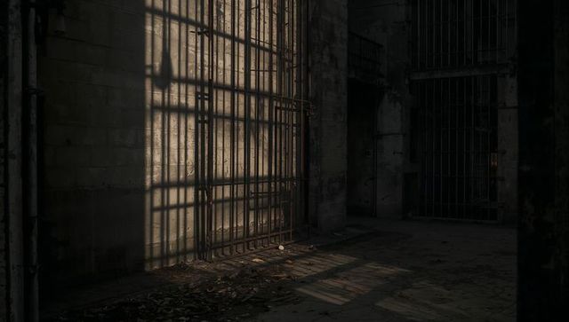 Shadowed Barred Gate in Abandoned Industrial Space