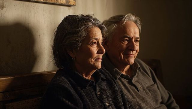 Elderly couple sharing quiet moment on wooden bench, warm soft lighting, intimate mood