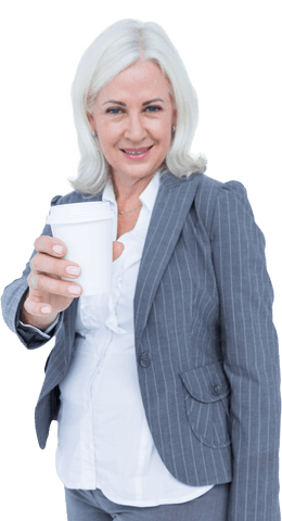 Smiling businesswoman offering disposable coffee cup on transparent background