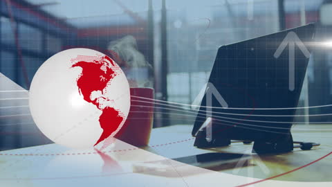 Digital Technology Animated Globe near Laptop and Coffee