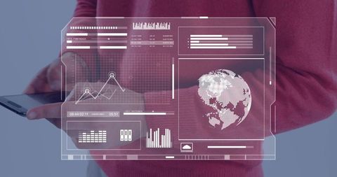 Holding phone using holographic data dashboard with 3d globe charts for mobile analytics