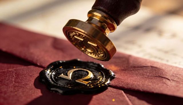 Pressing Brass Wax Seal Revealing Gold Omega Emblem on Red Envelope Macro Close-Up