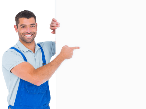 Smiling Repairman Pointing at Blank Transparent Placard