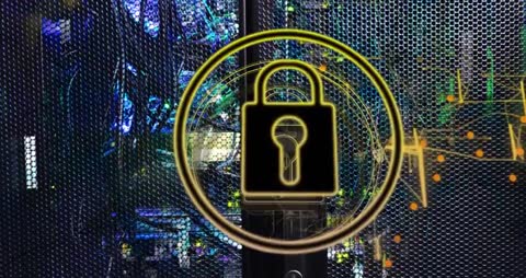 Cybersecurity Concept with Padlock Securing Server Rack
