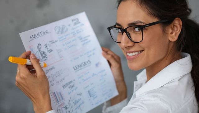 Smiling woman pointing orange highlighter at handwritten notes holding A4 sheet wearing glasses