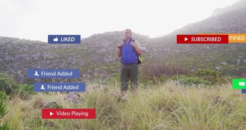 Hiker Exploring Mountain with Social Media Icons Overlay