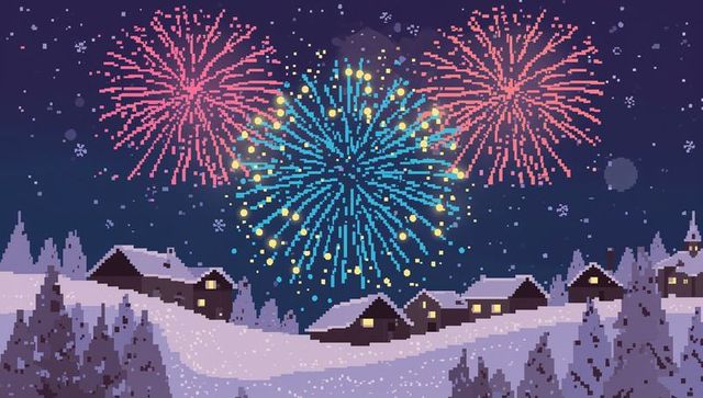 Pixel art winter village fireworks night retro 8-bit snowy cottages cozy festival