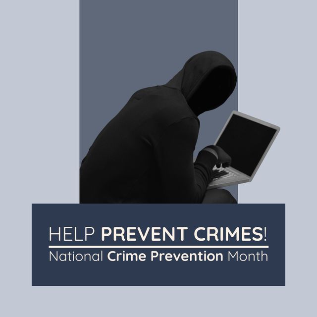 Criminal wearing hood using laptop and help prevent crimes, national crime prevention month text. Composite, blue, cyber crime, technology, black, protection, support, awareness, alertness concept.