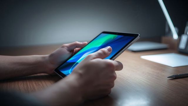 Hands Holding Slim Tablet Scrolling Touchscreen on Wooden Desk, Workspace with Lamp