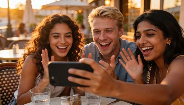 Friends taking selfie and waving on outdoor cafe at golden hour, smiling, laughing