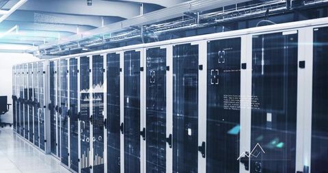 Glass-Front Server Rack Aisle with Data Overlays and LED Indicators for Datacenter Tech