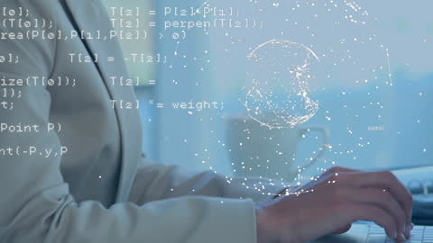Businesswoman Typing with Digital Globe and Code Overlay