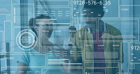 Team Collaboration Analyzing Digital Data Charts on Glass Wall
