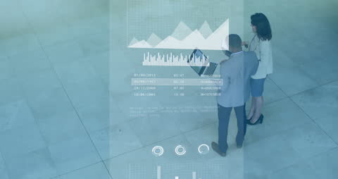 Business People Discussing Data with Futuristic Interface Overlay