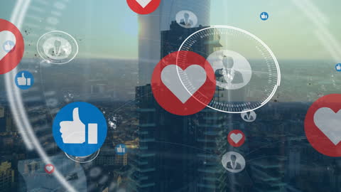 Social Media Icons Overlapping City Skyline Illustrate Global Connectivity