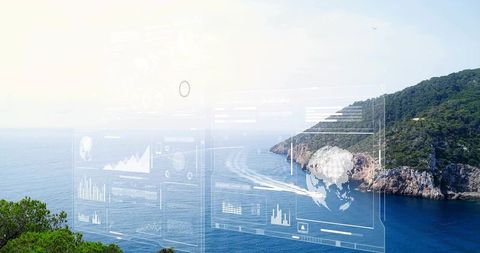 Futuristic hud overlaying coastal bay with boat wake, cliffside analytics and digital globe