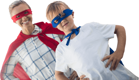 Mother and Son Wearing Superhero Costumes with Capes Mask Transparent