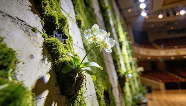 Pale orchid blooming from moss-covered stone wall under spotlighted stage lights